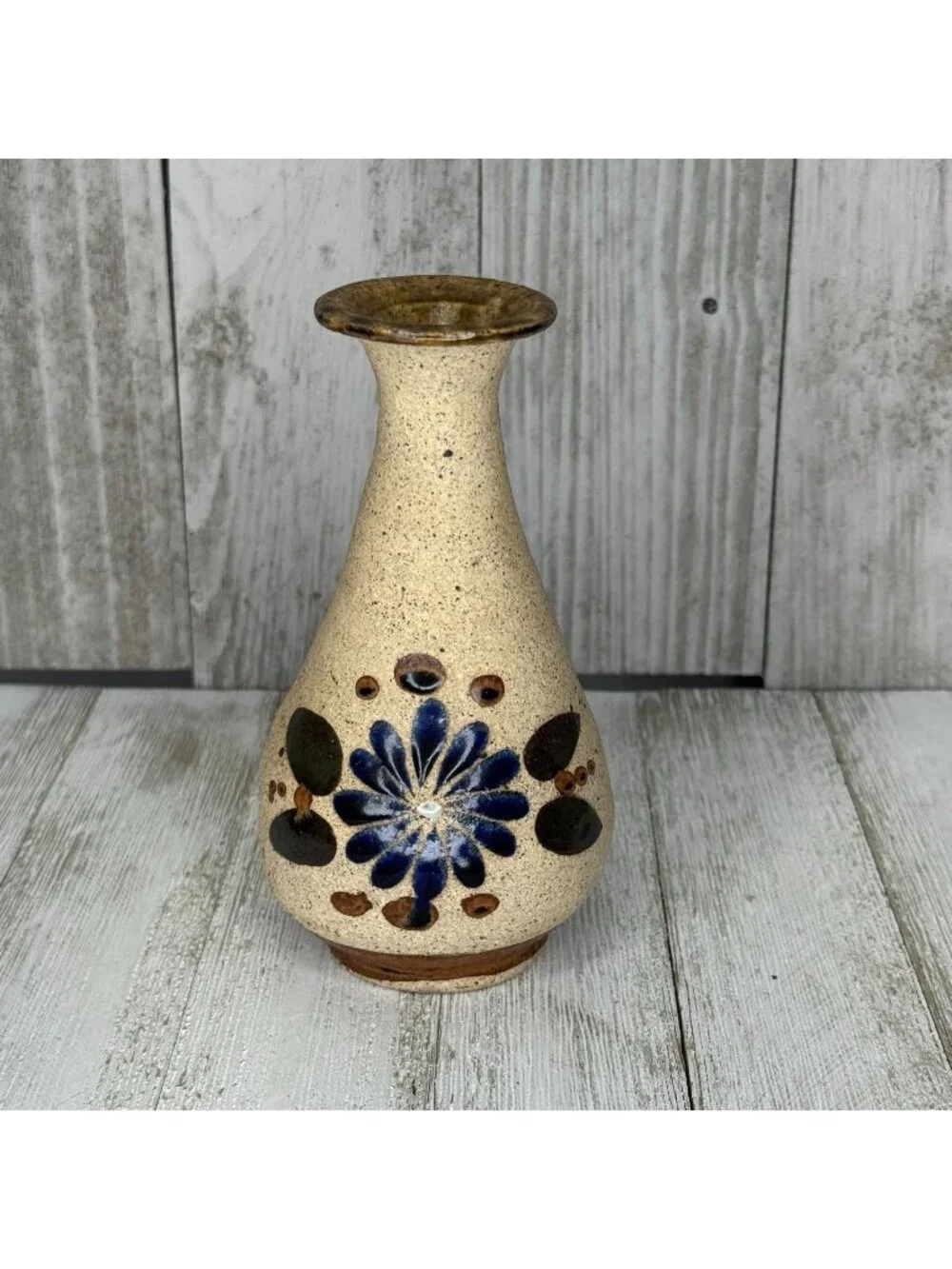 Vintage Tonala Jalisco Handpainted Mexican Folk Art Sandstone Pottery Bud Vase